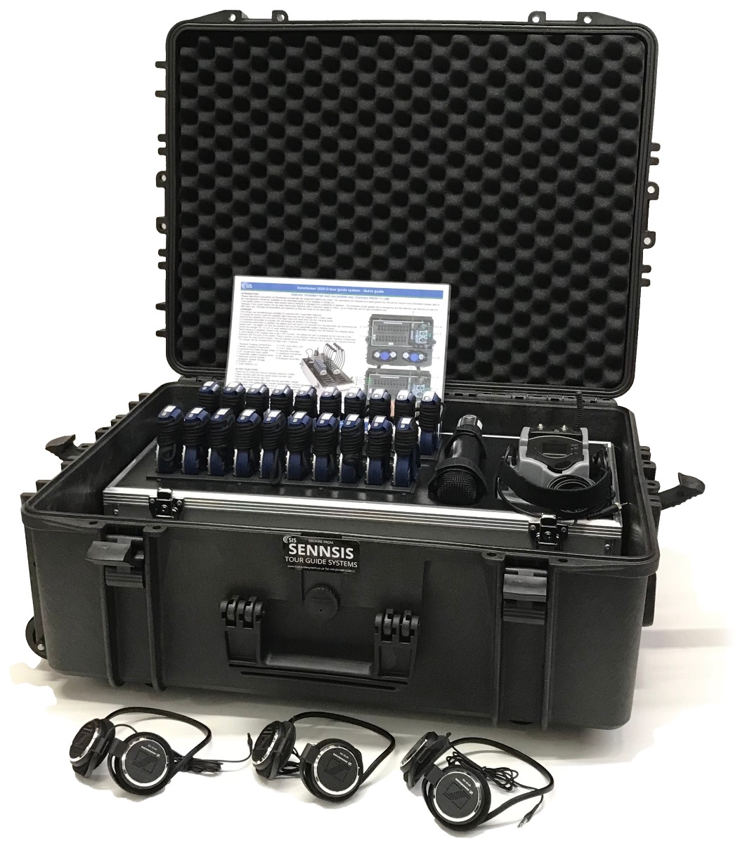 Sennheiser 2020-D tour guide system for hire with bodypack receivers and neckband headphones